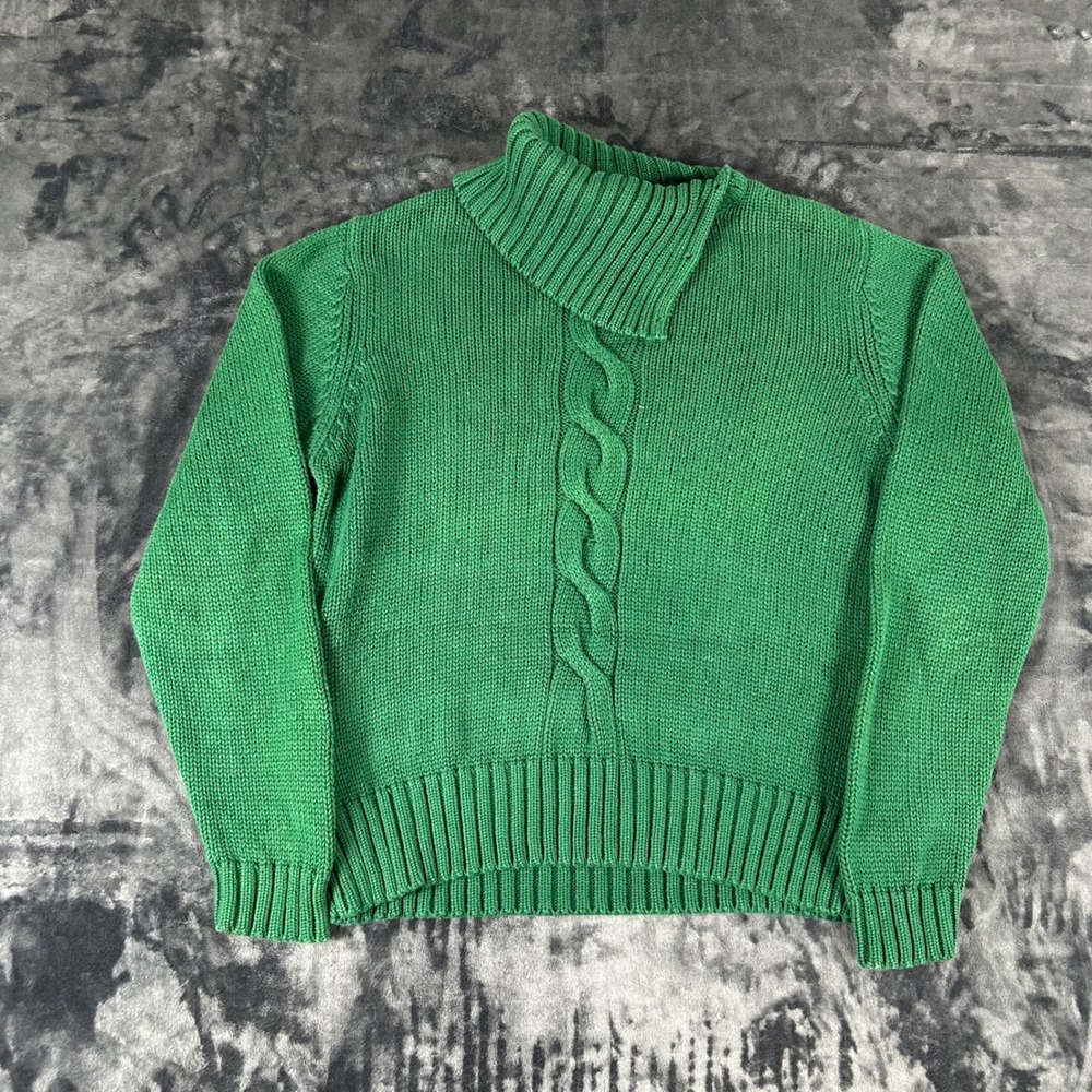 Pendleton Sweater Womens XL Green Cable Knit Button Turtleneck Cotton